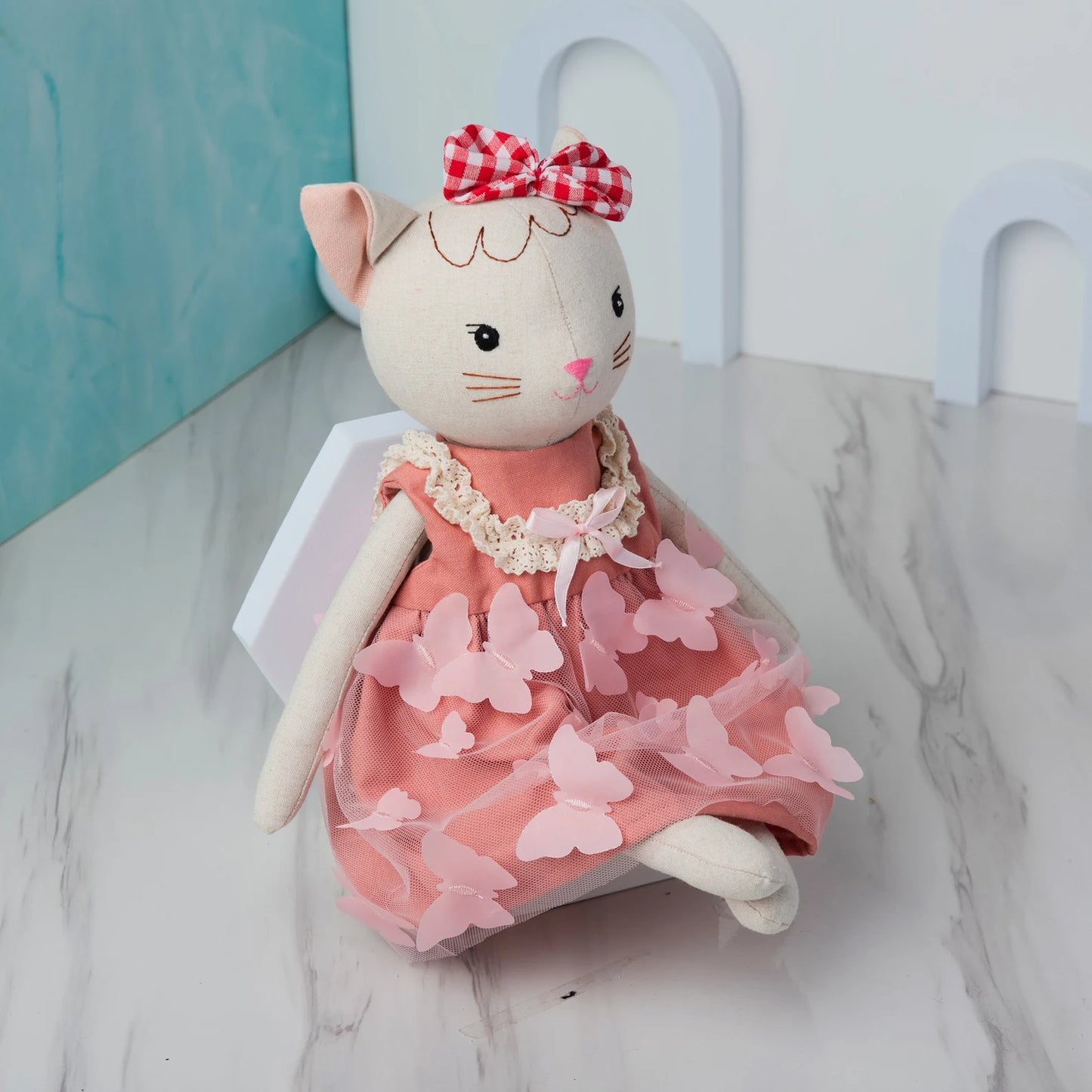 Linen Cat Doll With Pink Dress