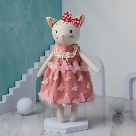 Linen Cat Doll With Pink Dress