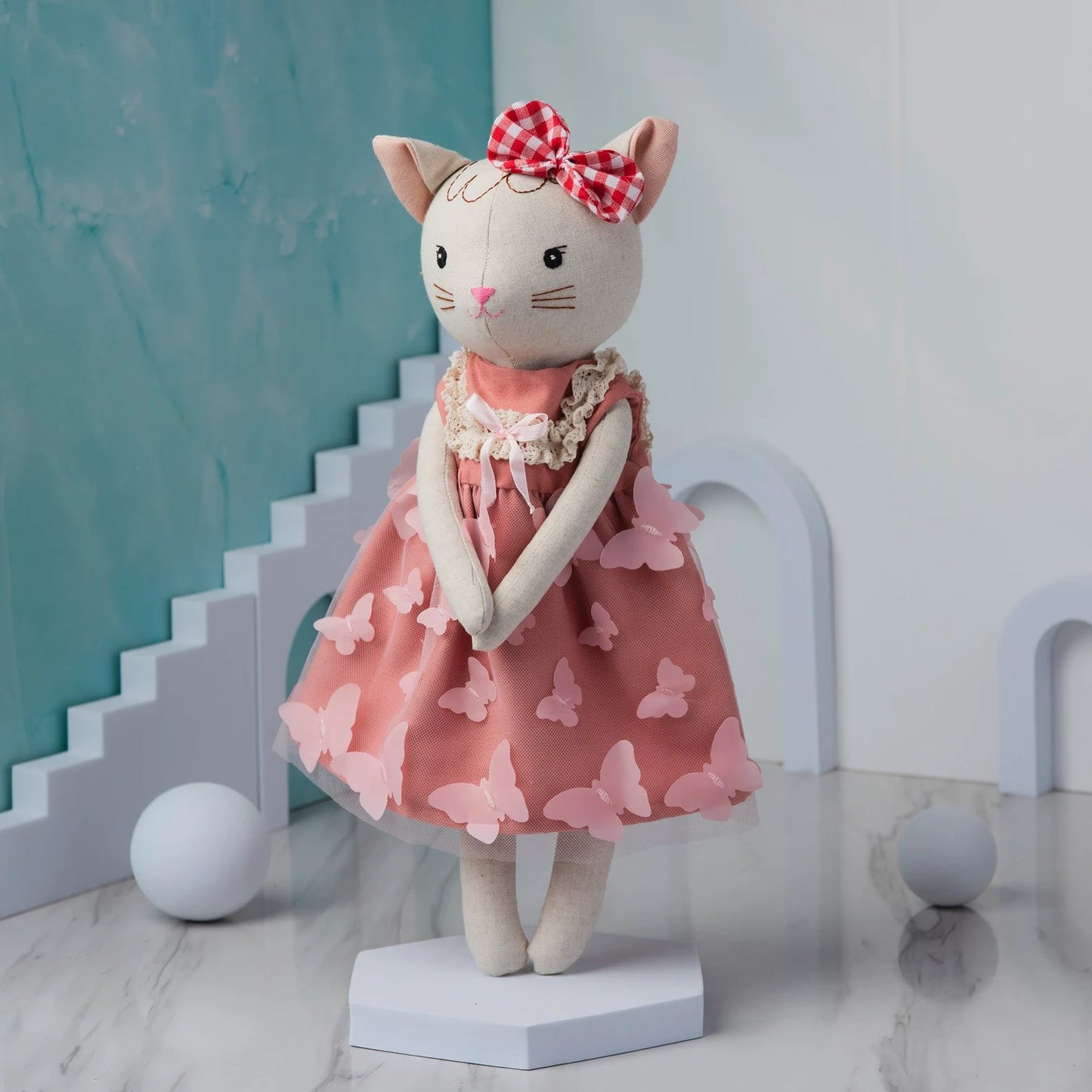 Linen Cat Doll With Pink Dress
