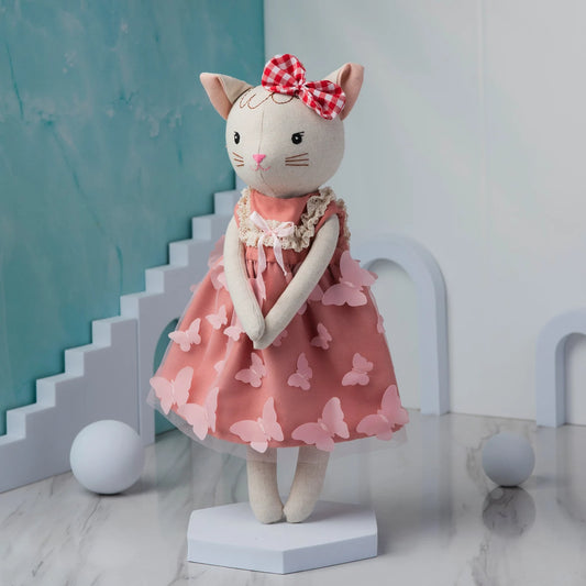 Linen Cat Doll With Pink Dress